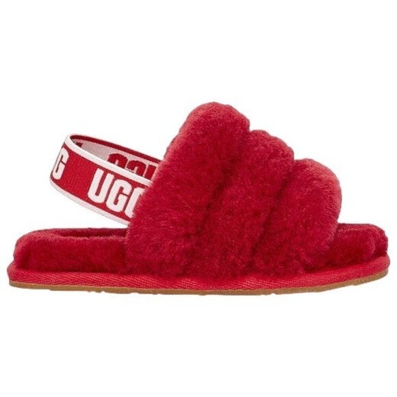 NWOT UGG Kids Fluff Yeah Sling-back Slides Ribbon Red Genuine Shearling - Picture 1 of 7